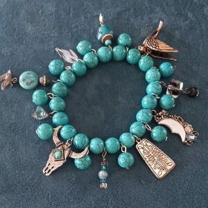 Turquoise Beaded Charm Bracelet with Silver Accents Southwestern Style.